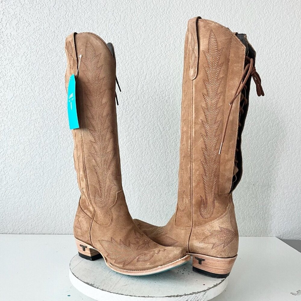 Suede Lace-Up Tall Western Boots - Tan